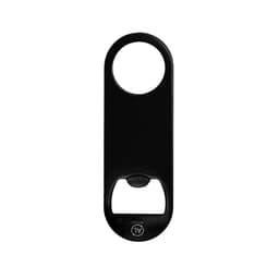 A drink bottle opener in sleek black, featuring a circular handle and a bottle-opening mechanism. It has a branding logo.