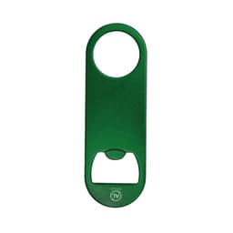 A green drink bottle opener with a circular handle and integrated opener. It has a logo on the side.