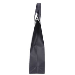 A navy cooler bag with a rectangular shape and a sturdy handle, featuring a logo.
