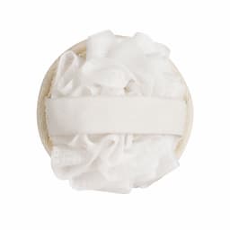 A round body scrubber with a white mesh texture and a soft, elastic band for easy handling.