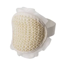 A hair treatment cap in white with a textured surface, featuring a soft, frilled edge and an adjustable strap.