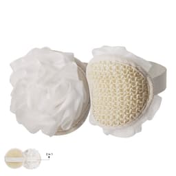 A pair of white bath sponges with textured surfaces, featuring a fluffy white mesh decoration.