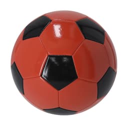 A soccer ball featuring red and black panels. The ball has a shiny surface and includes a logo.