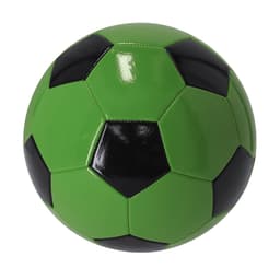 A green and black soccer ball with a shiny surface and hexagonal panels. It features a logo.