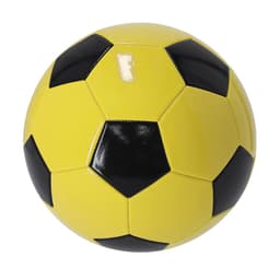 A yellow and black soccer ball with a glossy finish and a branded logo on its surface.