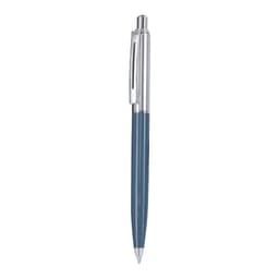 A metal pen with a blue barrel and a silver clip, featuring a branding logo.