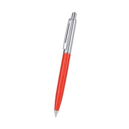 A red metal pen with a shiny silver clip and tip, featuring a smooth design. It includes a brand logo.