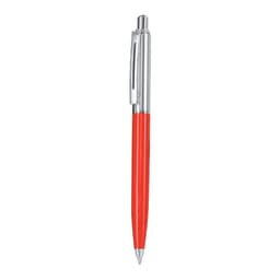 A metal pen with a shiny silver clip and a vibrant red barrel. It features a branding logo.
