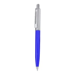 A metal pen with a blue barrel and silver accents, featuring a clip and a logo.