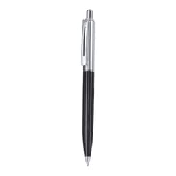 A metal pen featuring a black barrel and silver accents, designed for writing. It has a branding logo on the body.