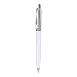 A metal pen with a sleek white barrel and silver accents, featuring a clip and a click mechanism.