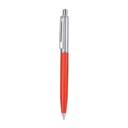 A metal pen in vibrant red with a silver clip and tip. The pen features a logo.