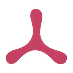 A pink throwing toy featuring a three-pronged design, suitable for outdoor fun and games. It has a logo on it.