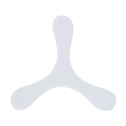 A white frisbee-shaped throwing toy with a three-pronged design and a smooth surface. It has a logo on it.