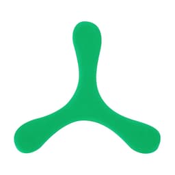 A green throwing toy with three curved limbs, featuring a simple design and branding on its surface.