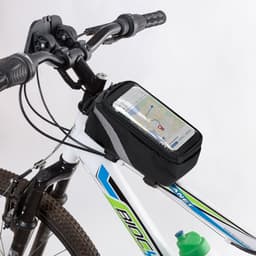 A black bike pouch sits on the handlebars with a clear top for a smartphone, featuring a logo.