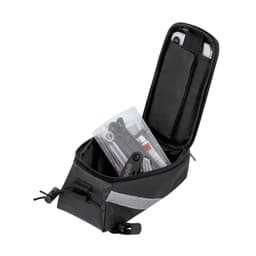 A black bag with a zippered opening, containing various tools and stationery items inside. It has reflective detailing and a logo.