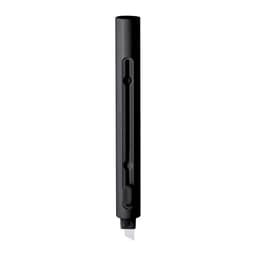 A black pen with a sleek design, featuring a visible ink cartridge and a spring-loaded mechanism.