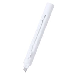 A white pen with a sleek design featuring a visible blade. The pen also has a branding logo.