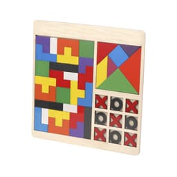 A wooden puzzle featuring vibrant blocks in various colours, with a tic-tac-toe section and geometric shapes. It has a logo.