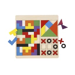 A wooden puzzle board featuring colourful geometric shapes and a tic-tac-toe section, with scattered pieces in various colours.