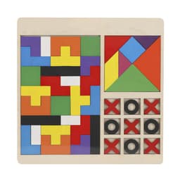 A wooden puzzle set featuring colourful geometric shapes and a tic-tac-toe section with red and black markers.