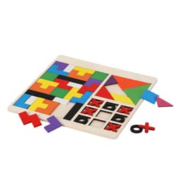 A colourful puzzle featuring various geometric shapes and a Tic-Tac-Toe grid, set on a wooden board.
