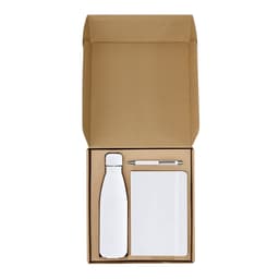 A drink bottle, notebook, and pen in a kraft gift box. The items are white and neatly arranged.