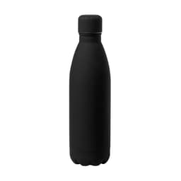 A black drink bottle with a smooth finish and a twist top lid. It features a simple design and a logo.