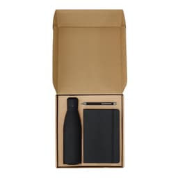A drink bottle, notebook, and pen arranged in a brown gift box, all in black. The set is for office and business use.