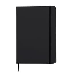 A black notebook with a ribbon bookmark and an elastic band for closure, featuring a smooth cover and minimalist design.