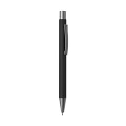 A black pen with a silver clip and a sleek design, featuring a logo on the body.