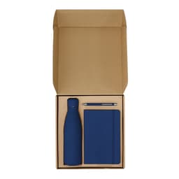 A drink bottle, pen, and notebook in a navy blue gift set, presented in a brown cardboard box.