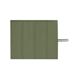 A green outdoor picnic blanket with multiple folds and a carrying strap. It features a simple design and a smooth texture.
