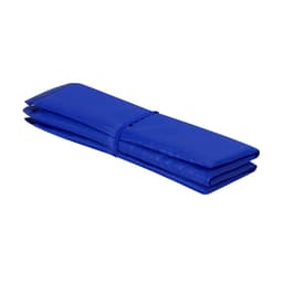 A blue folding outdoor mat, neatly secured with a strap, featuring multiple padded layers.