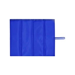 A blue outdoor mat featuring multiple compartments and a handle for easy carrying. It has a logo on its surface.