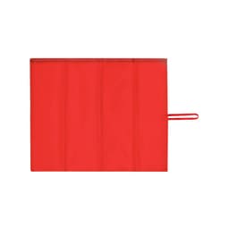 A red outdoor picnic blanket featuring foldable sections and a carrying handle. It has a logo on the surface.