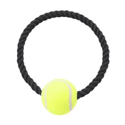 A yellow tennis ball attached to a black rope ring, designed as a pet accessory. The product features a logo.