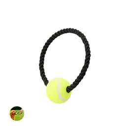 A yellow tennis ball attached to a black rope, designed for pet play. Features a logo on the rope.