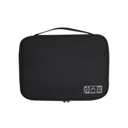 A black zippered bag featuring an external carrying handle and a logo. It has icons representing different storage options.
