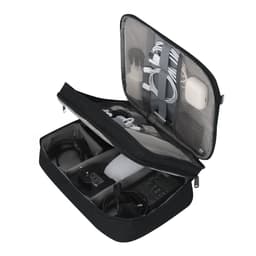A black miscellaneous bag with various white and grey cables, chargers, and compartments organised inside.