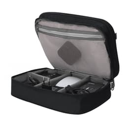 A black organiser bag containing various electronic accessories, including chargers and cables, with a mesh pocket.