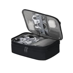 A black electronic accessories bag, featuring multiple compartments and cables neatly organised inside.