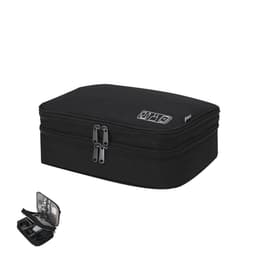 A black zippered travel bag with two compartments, featuring a logo and a smaller case beside it.