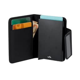 A black RFID business card holder with slots for cards and a compartment for cash. It features a branded logo.