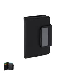 A black business card holder featuring a secure closure and multiple card slots inside. It has a sleek design.