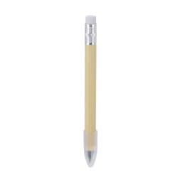 A pencil with a light wooden body, silver detailing, and a white eraser on top, featuring a transparent cap.