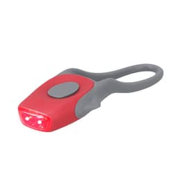 A red and grey bike light with a button and three LED lights, designed for outdoor use.