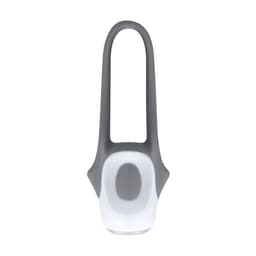 A grey and white bike light with a sleek design and loop for attachment. It has a branding logo on the surface.