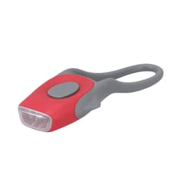 A red and grey bike light with a looped handle, designed for outdoor use. It features a single lens at the front.